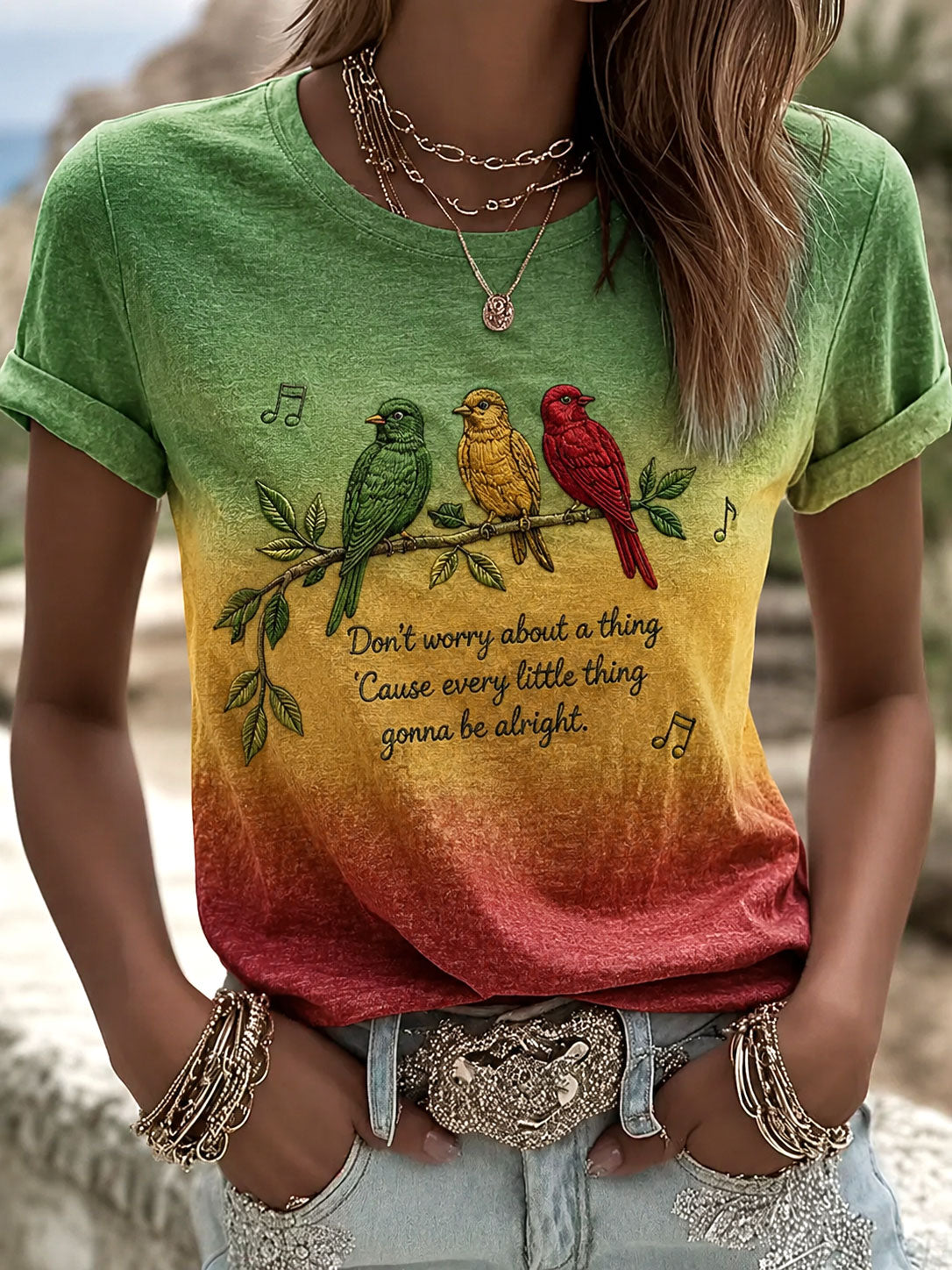 Camiseta casual estampada 'Every Little Thing Is Goonna Be Alright' para mujer