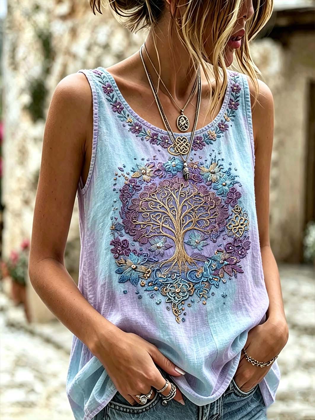 Chaleco de lino casual con estampado retro de mitología vikinga y nórdica para mujer