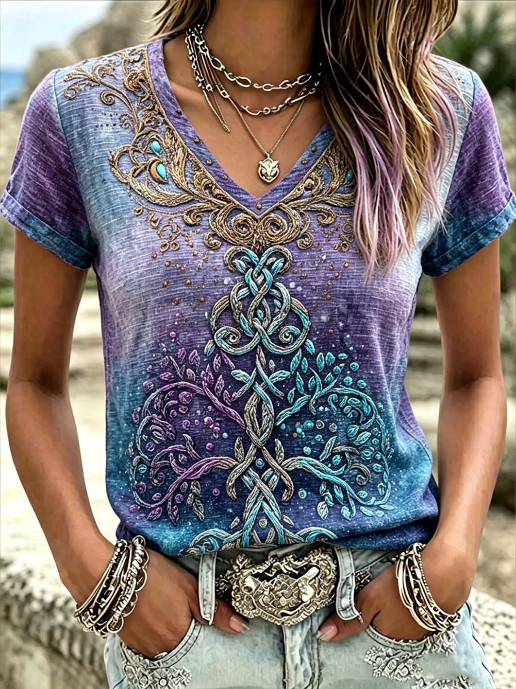 Camiseta de lino de manga corta para mujer, estampada con motivos nórdicos de la mitología vikinga, estilo retro
