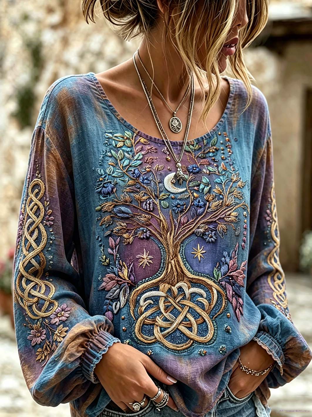 Camisa de lino de algodón impresa patrón vikingo de la mitología nórdica retro de las mujeres