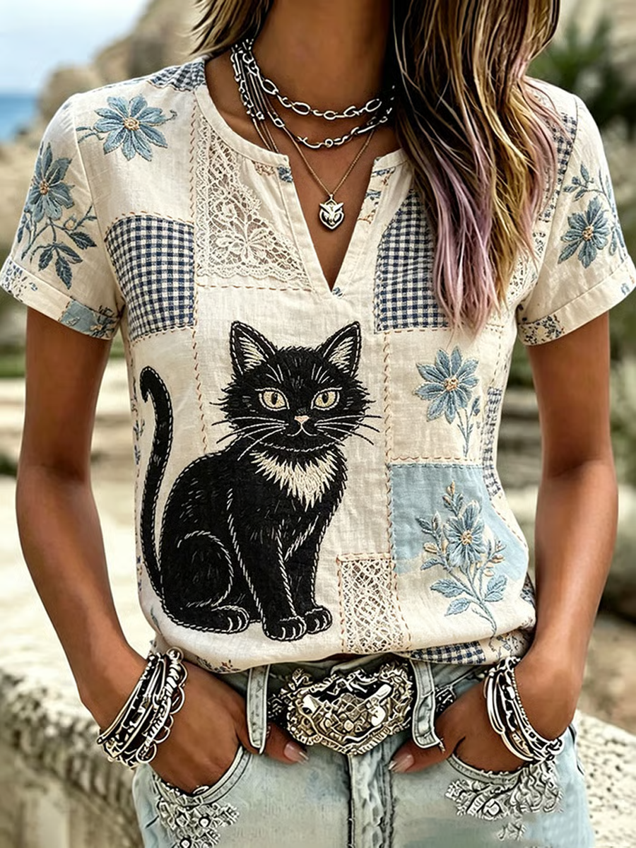 Camisa de algodón-lino con estampado de gatos para mujer