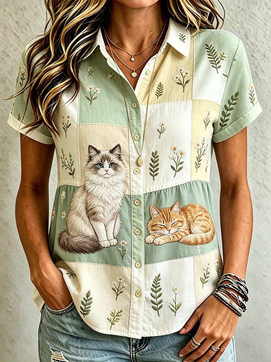 Camisas con estampado de gato lindo de mujer