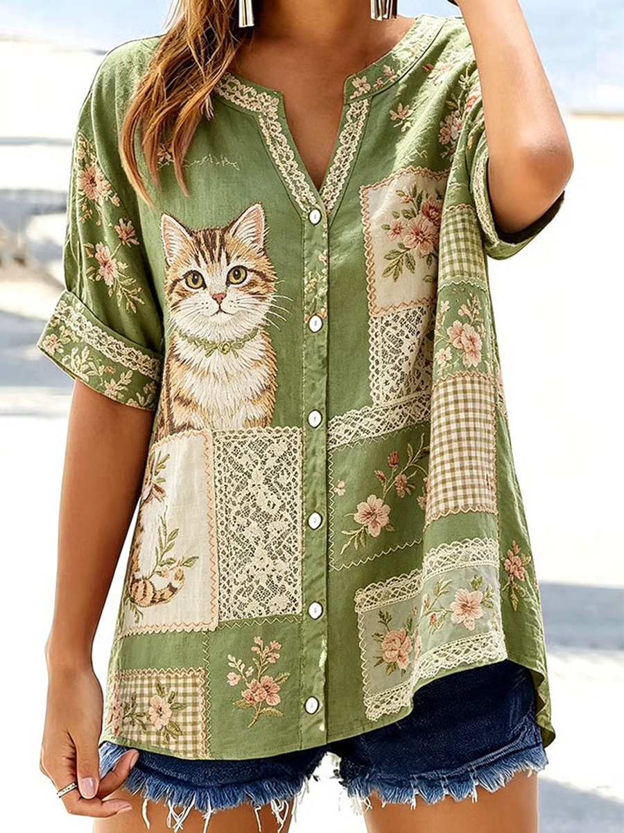 Camisa de manga larga con estampado de gato lindo para mujer