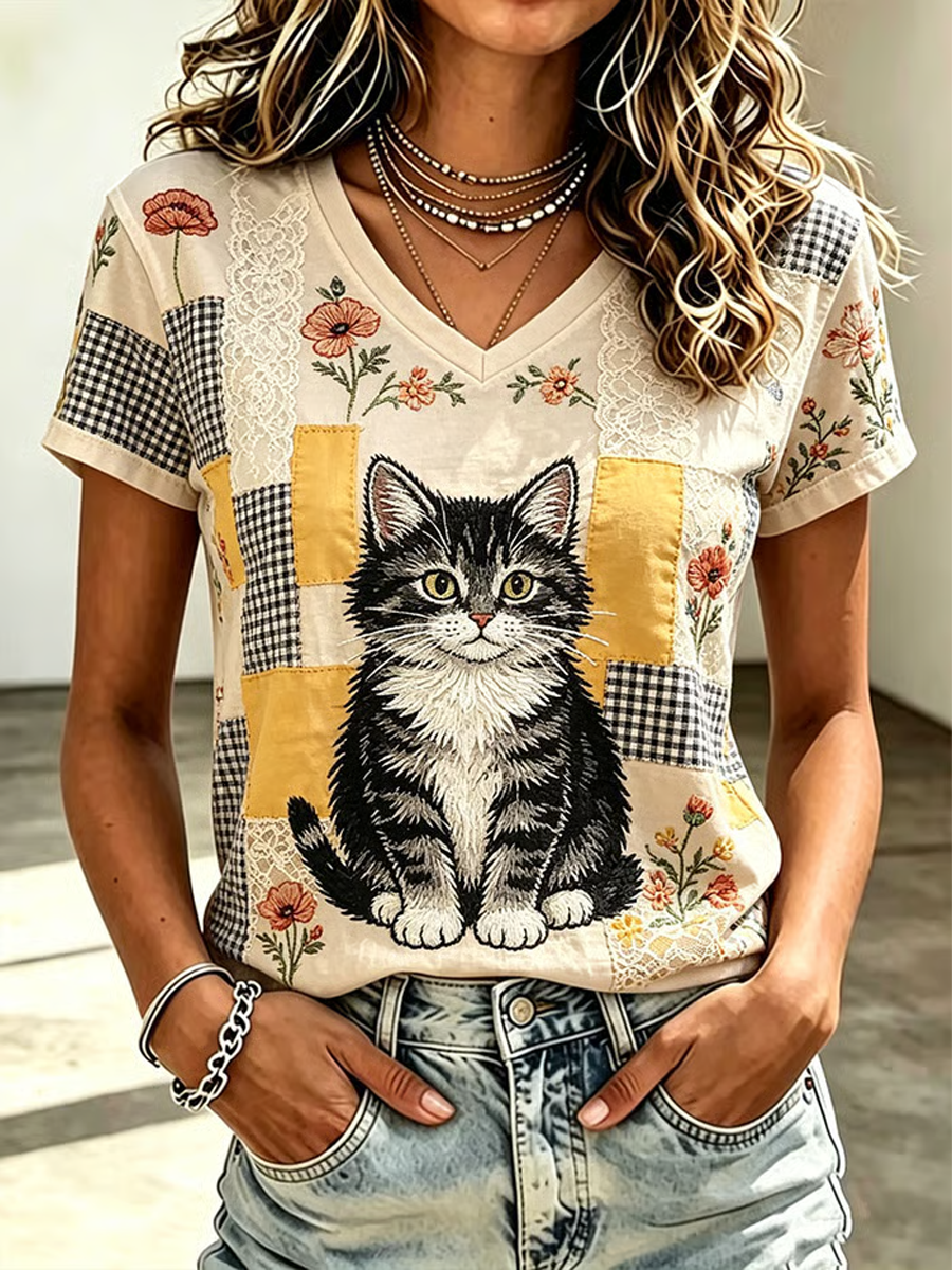 Camiseta de manga corta con estampado de gato lindo para mujer