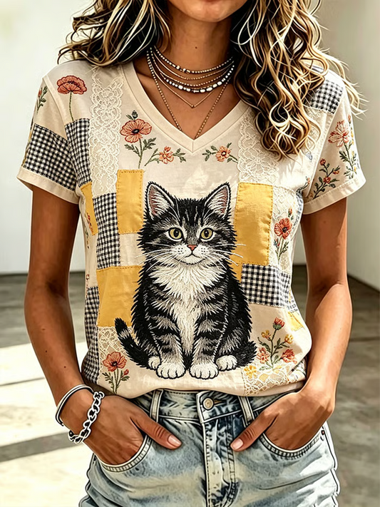 Camiseta de manga corta con estampado de gato lindo para mujer