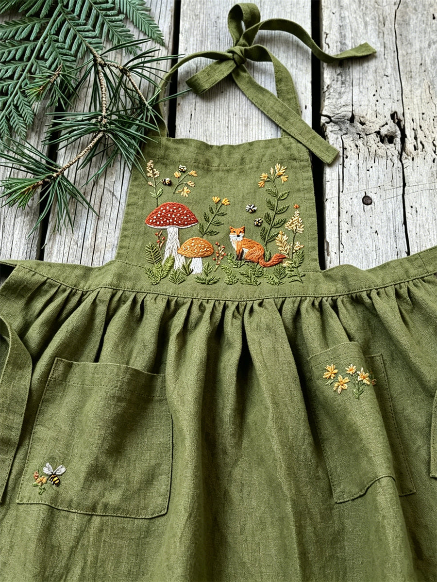 Mujeres Vintage Forest Fox seta impresión floral plisado Maxi vestido de lino