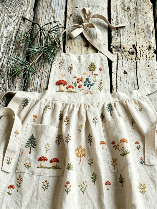 Patrón de plantas de setas forestales de las mujeres Vestido de lino maxi de lino plisado vintage
