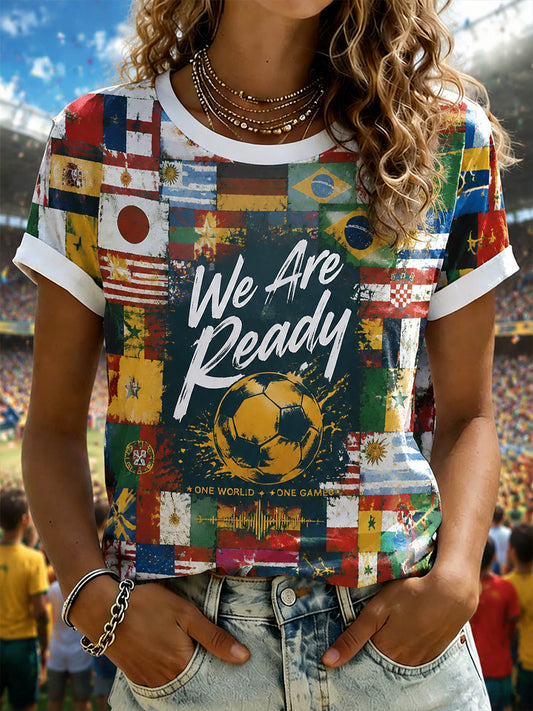 Camiseta de manga corta con estampado de música de fútbol para mujer