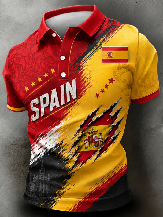 Camiseta polo con estampado artístico de animación futbolística española para hombre