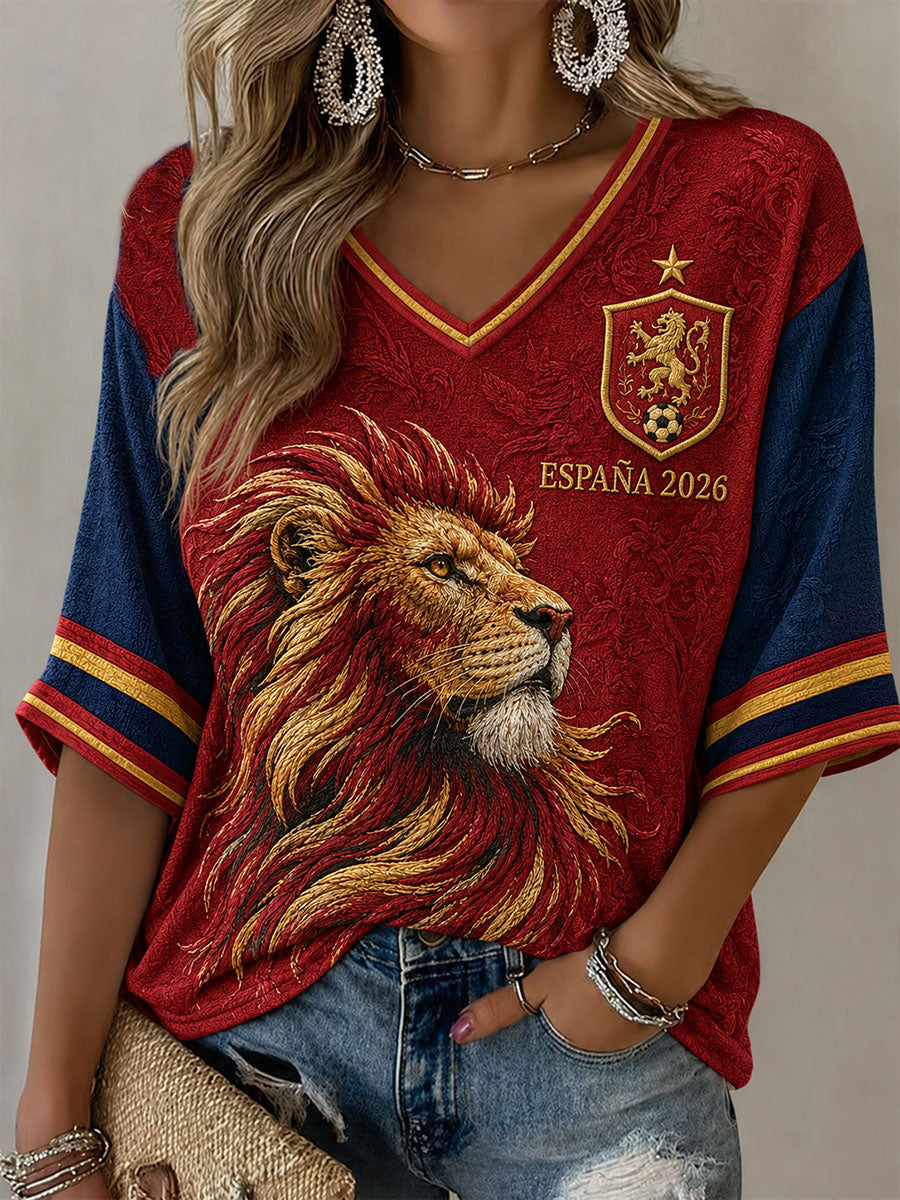 Camiseta con cuello en V y mangas medias de fútbol para mujer