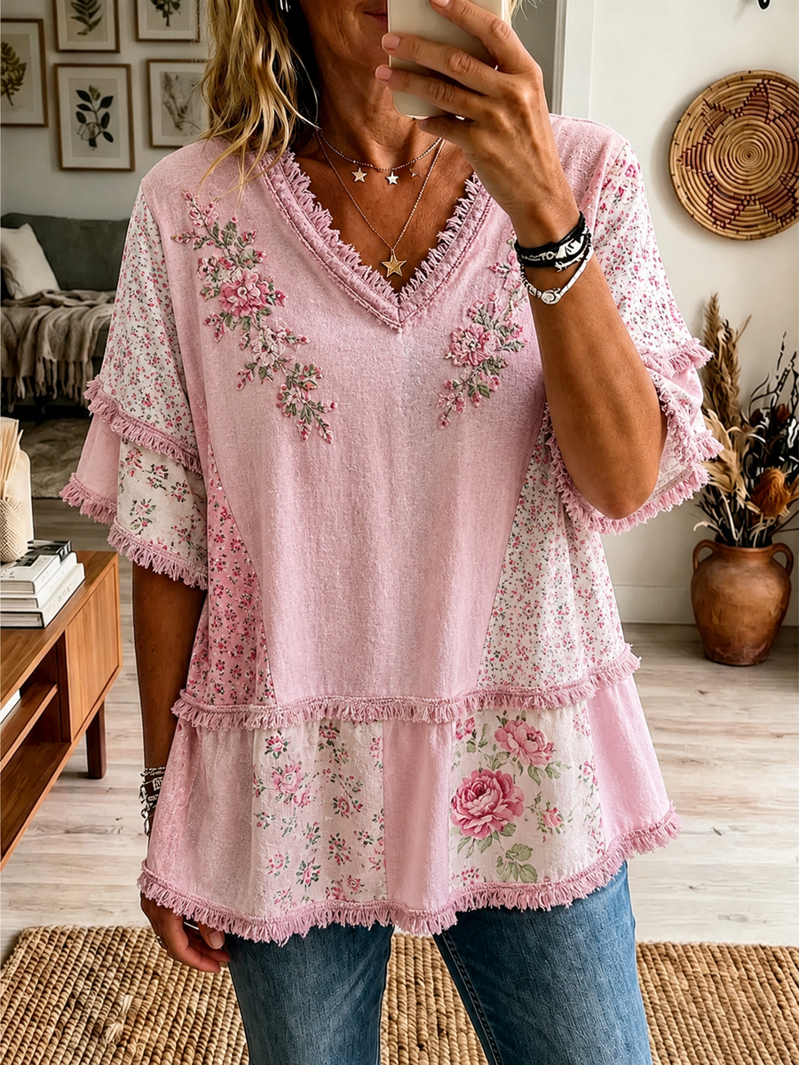 Mujer Rosa Botánico Floral Estampado Algodón Lino Camisa