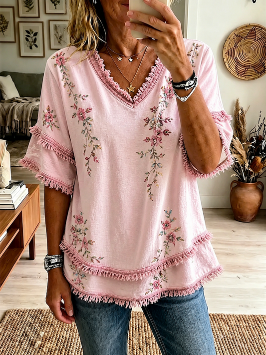 Camisa de algodón-lino para mujer con estampado floral botánico en rosa