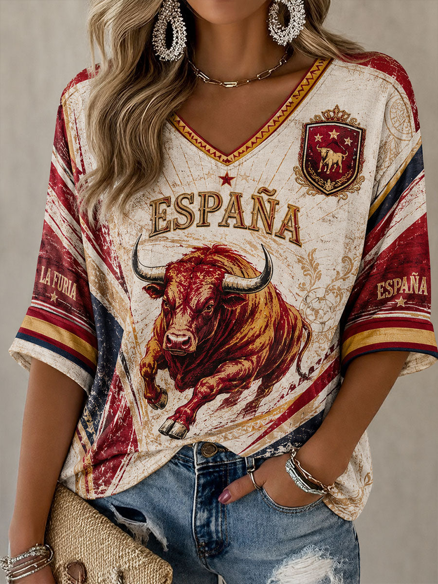 Camiseta con cuello en V y mangas medias de fútbol de España para mujer