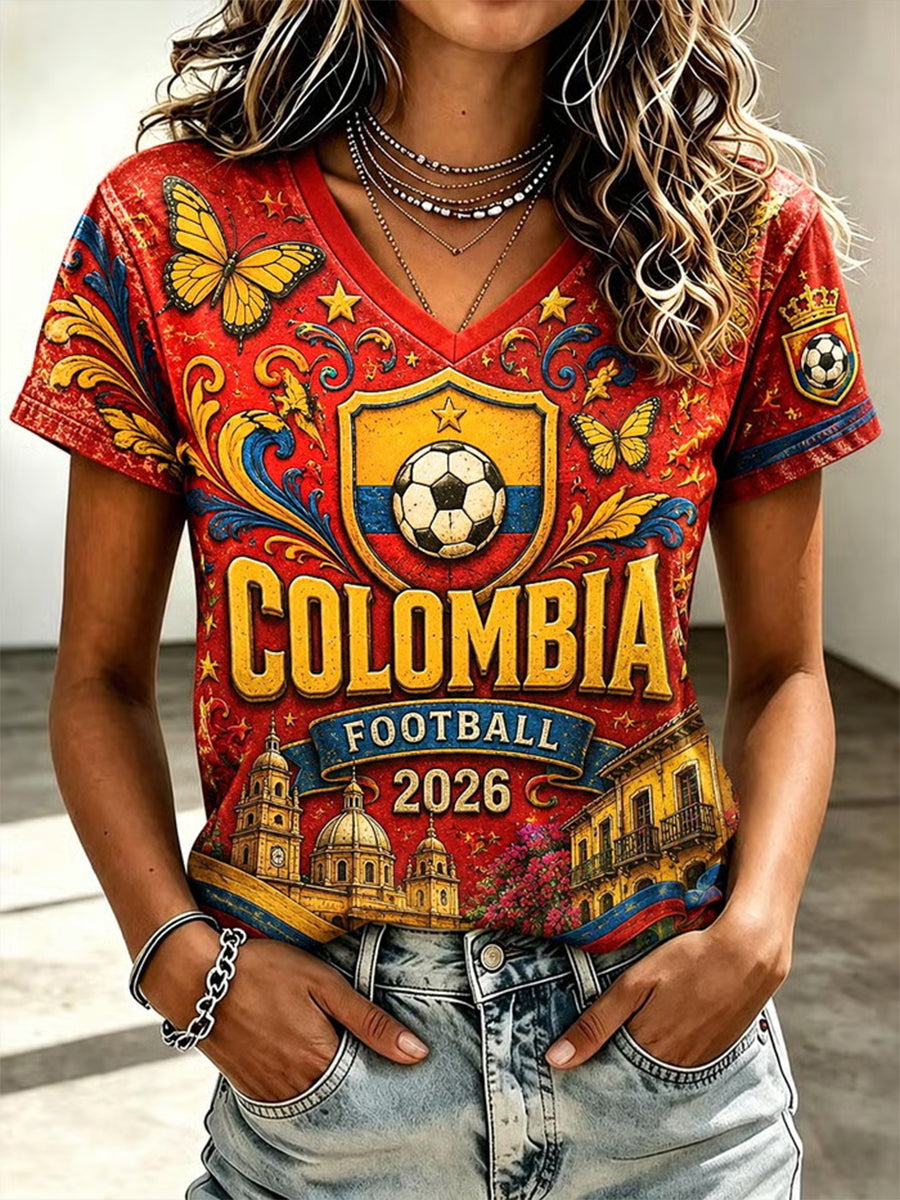 Camiseta informal de fútbol para mujer, estilo colombiano, estampada y de manga corta, año 2026