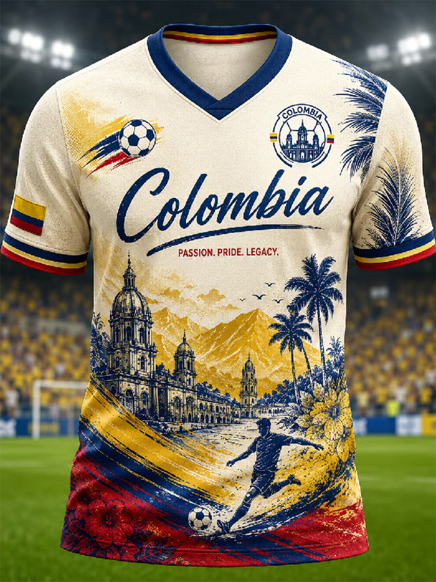 Camiseta con cuello en V unisex impresa casual de fútbol colombiano 2026 para hombre