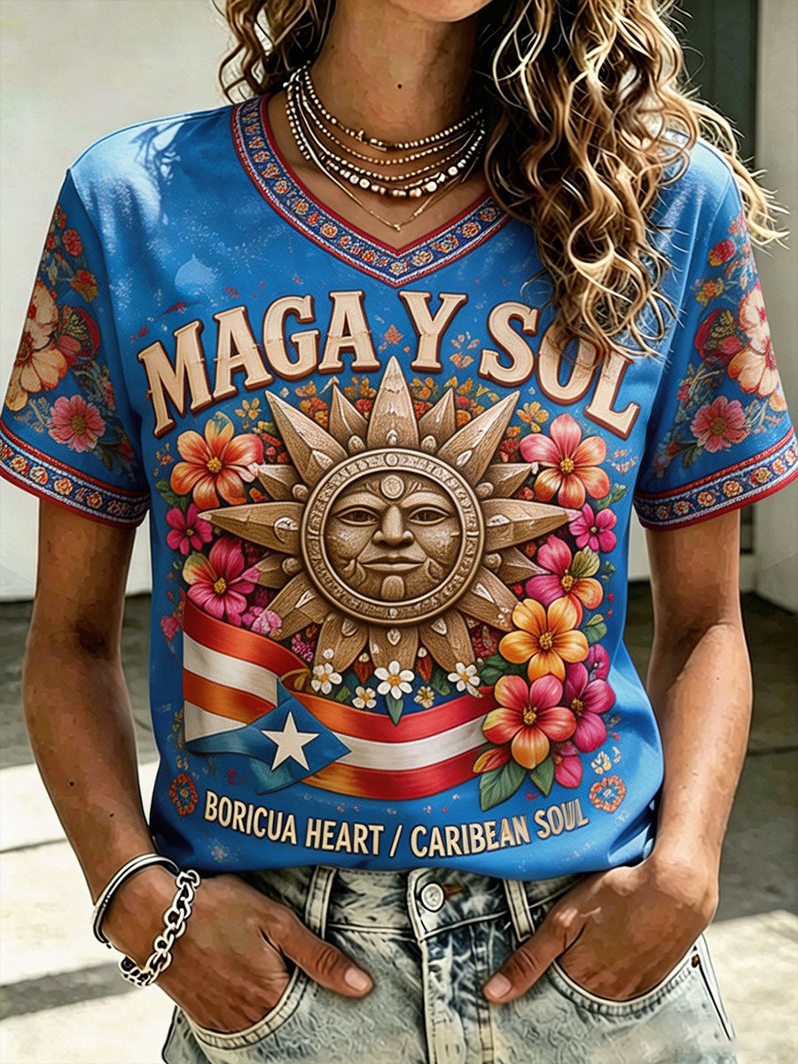 Camiseta estampada con arte taíno, orgullo de Puerto Rico para mujer