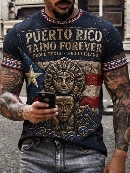 Camiseta estampada con arte taíno, orgullo puertorriqueño masculino