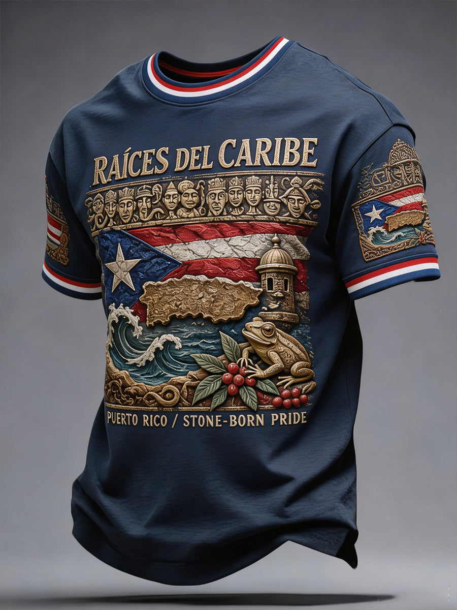 Camiseta estampada con arte taíno, orgullo puertorriqueño masculino