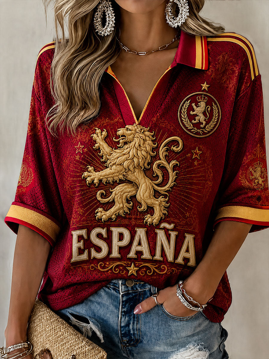 Camiseta de fútbol ESPAÑA para mujer, manga media y cuello en V