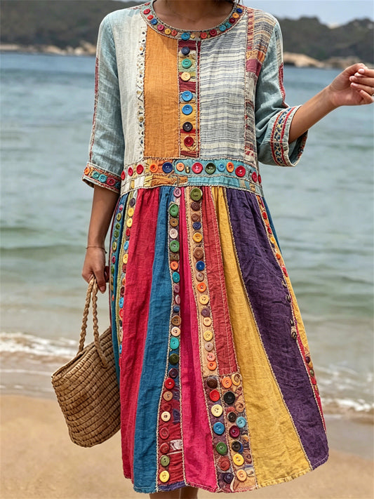 Vintage Boho de las mujeres coloridos botones Patchwork Art Print vestido de lino