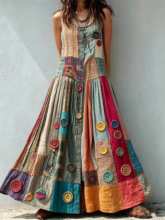 Vintage Boho de las mujeres Colorful Buttons Patchwork Art Print Maxi Tank Dress