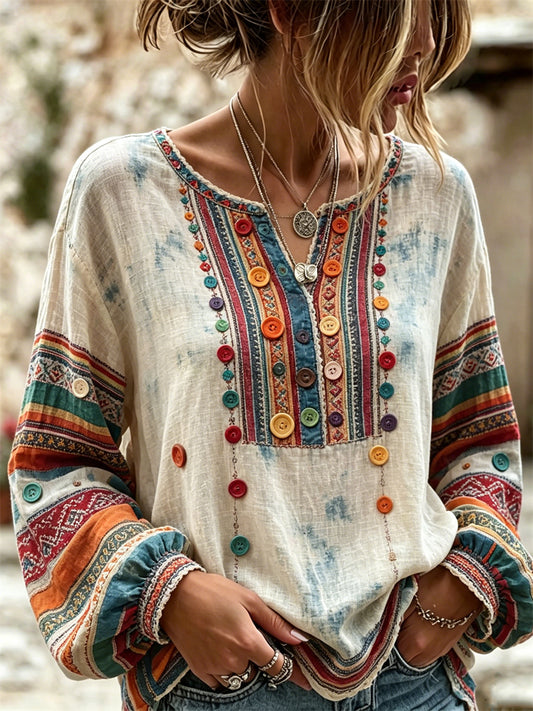 De las mujeres Boho Colorido Botones Arte Étnico Estampado Algodón Lino Camisa