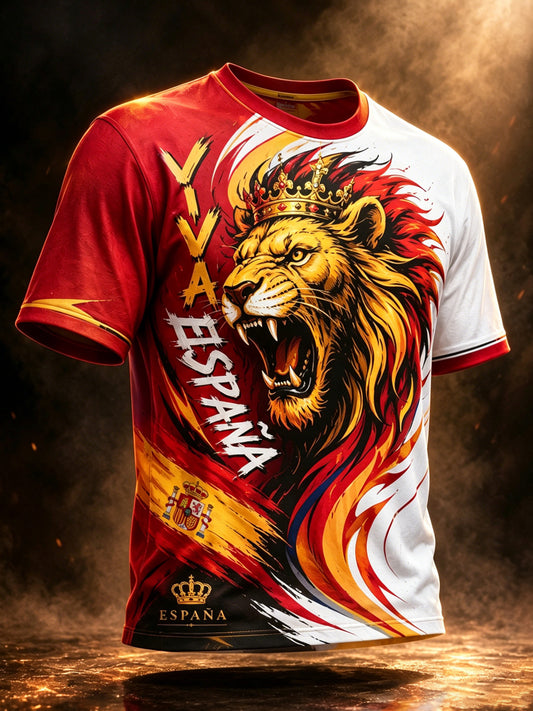 Camiseta con estampado artístico de elementos de animación en un partido de fútbol masculino español