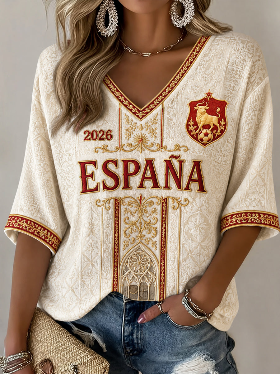 Regalo para mujeres aficionadas al fútbol: camiseta informal de media manga con cuello en V y estampado