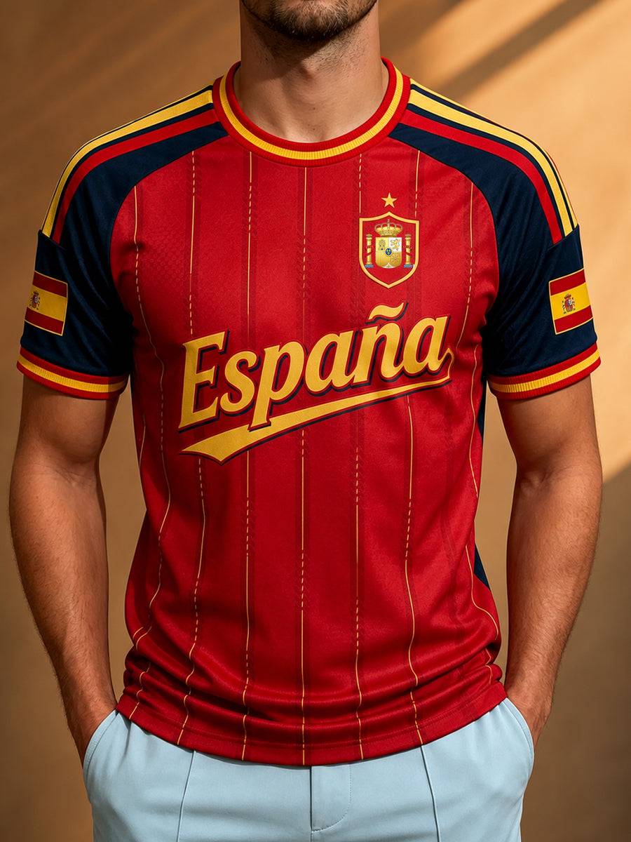 Camiseta con estampado artístico de elementos de animación en un partido de fútbol masculino español