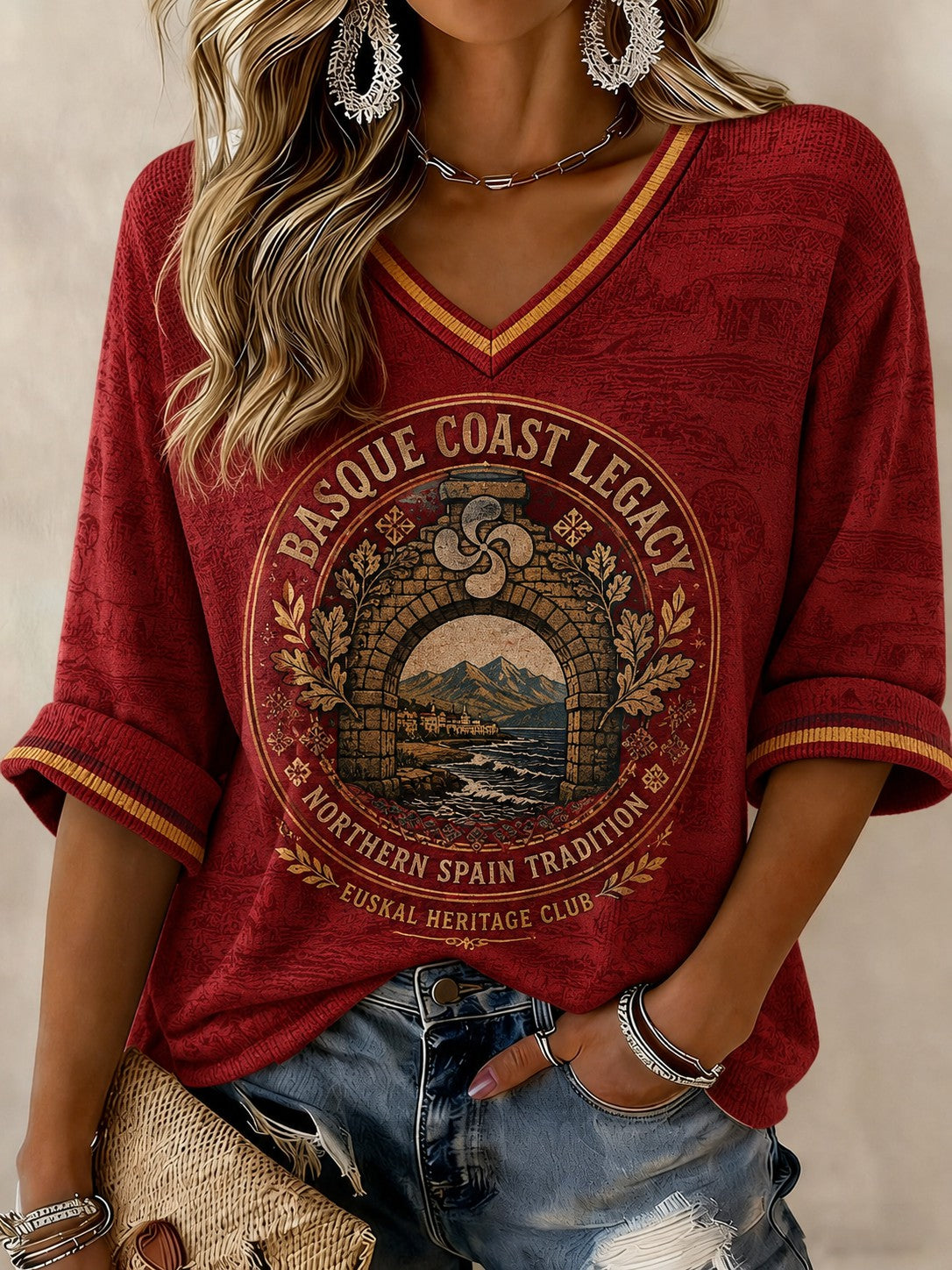 Camiseta de mujer de País Vasco, España, estampada, de manga media y cuello en V