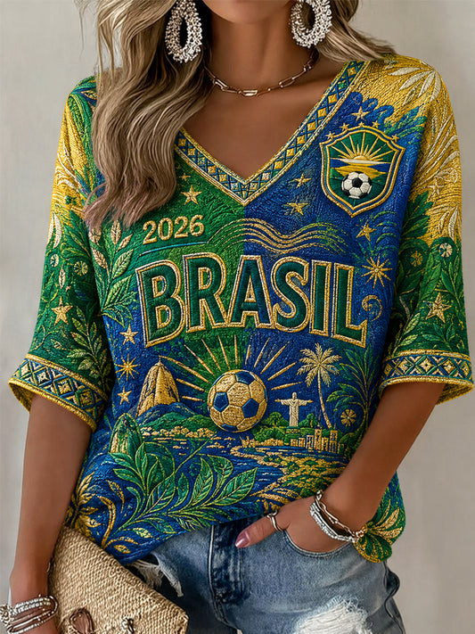 Camiseta casual de media manga con cuello en V y estampado, regalo para mujeres aficionadas al fútbol