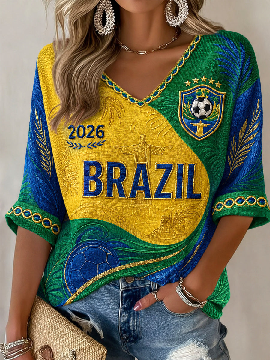 Regalo de las mujeres para los aficionados al fútbol imprimir Casual medias mangas con cuello en V camiseta