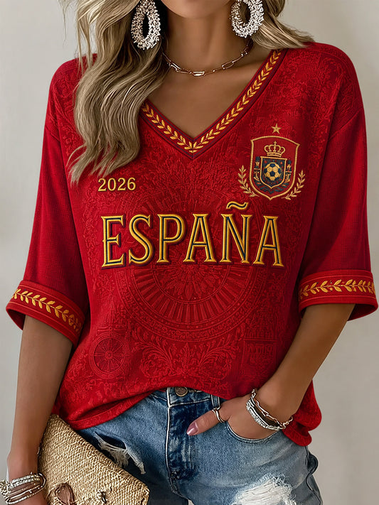 Regalo para mujeres aficionadas al fútbol: camiseta informal de media manga con cuello en V y estampado