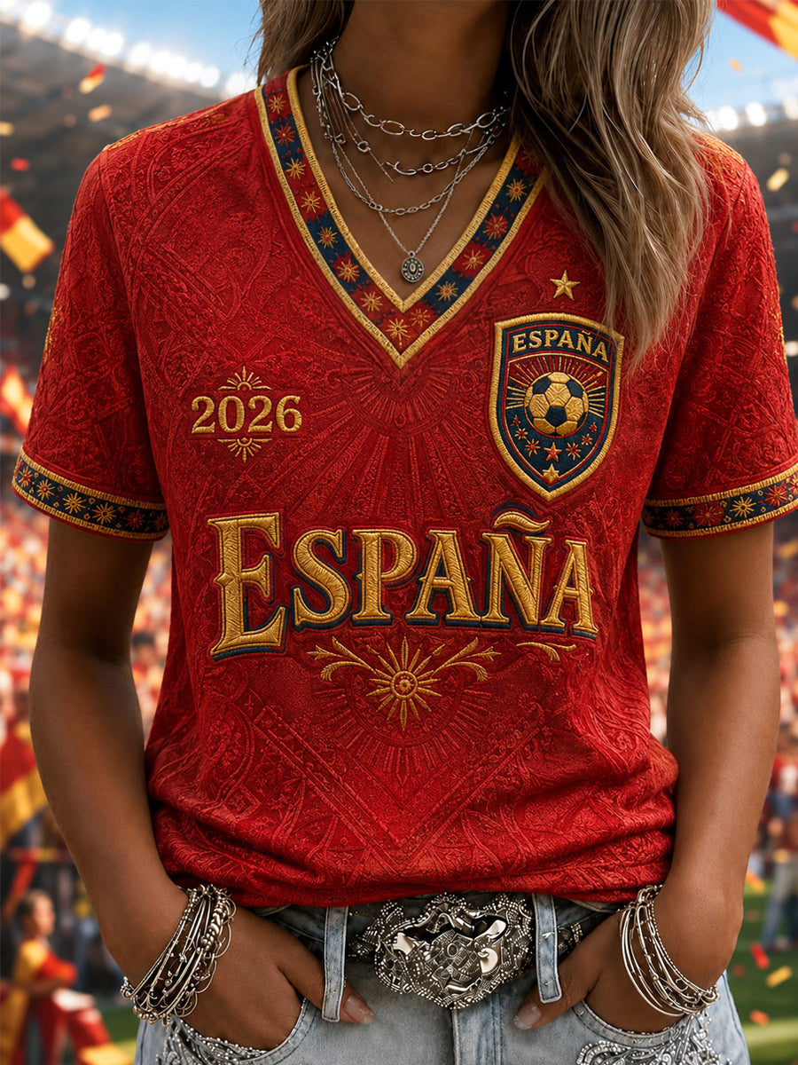 Camiseta casual con estampado y cuello en V para mujeres, regalo ideal para aficionadas al fútbol