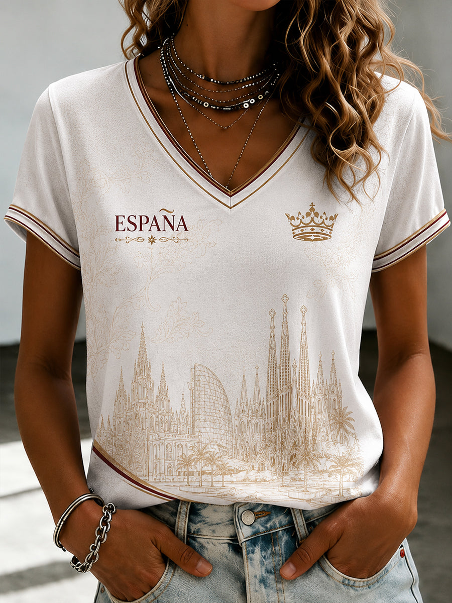 Women's Spanish Football Printed V-neck T-shirt