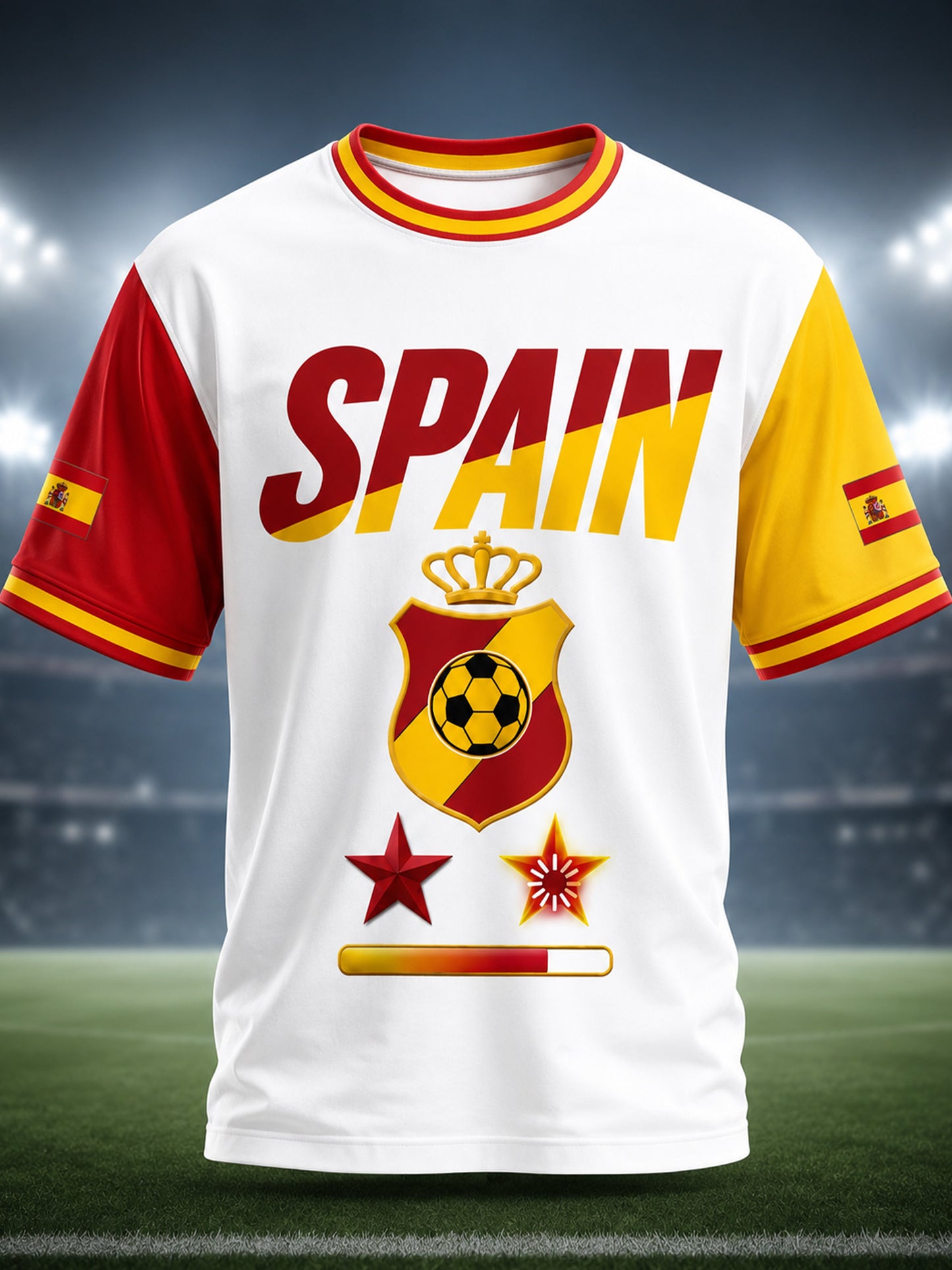 Camiseta con estampado artístico de elementos de animación en un partido de fútbol masculino español