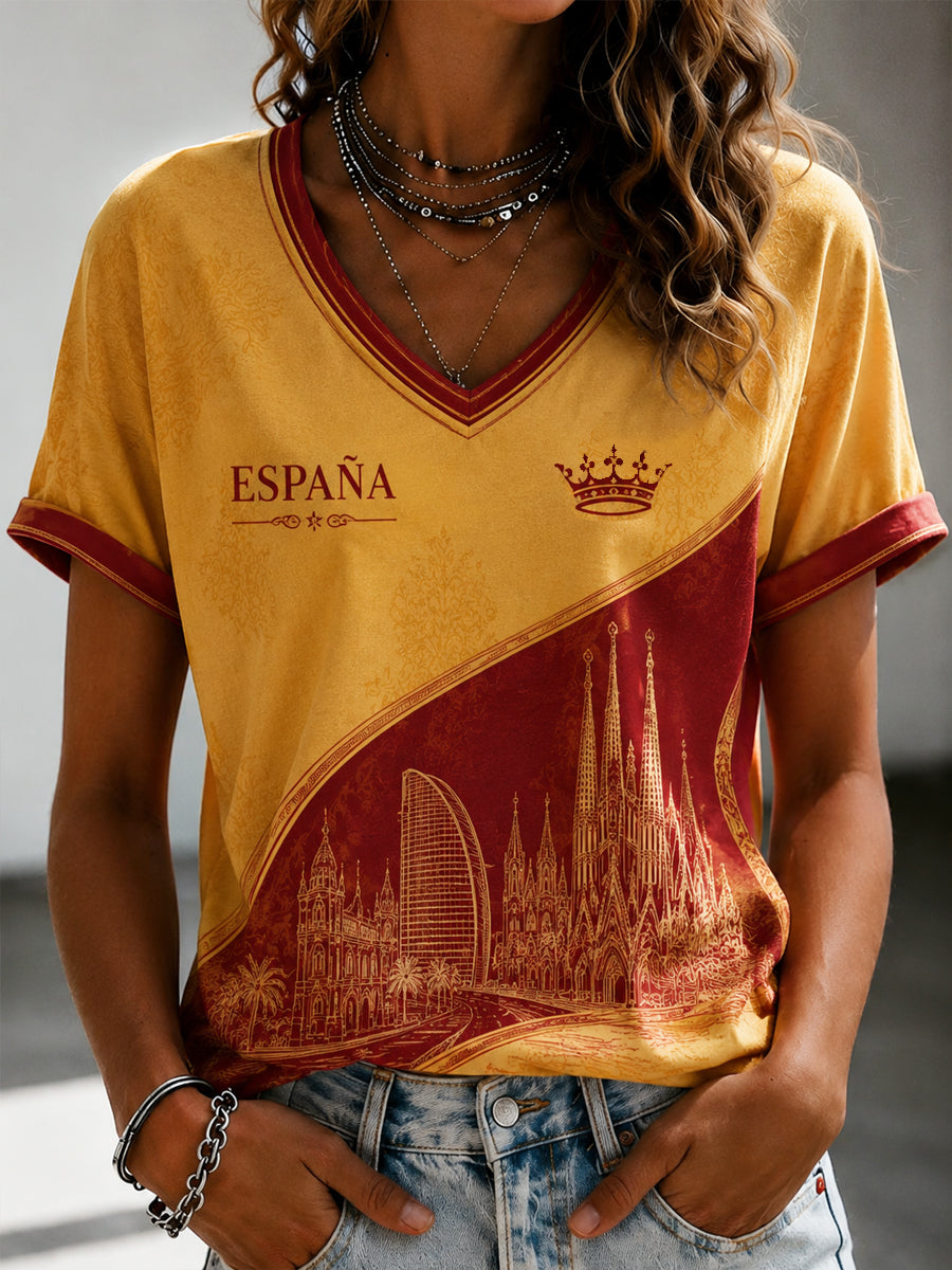 Women's Spanish Football Printed V-neck T-shirt