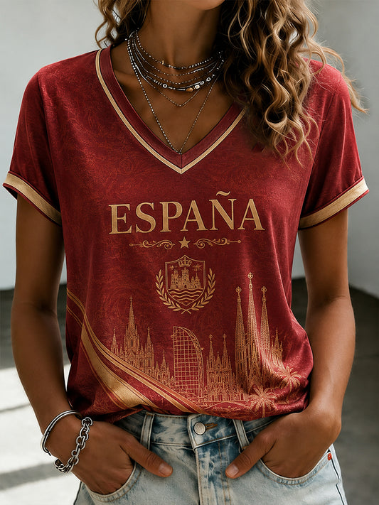 Women's Spanish Football Printed V-neck T-shirt