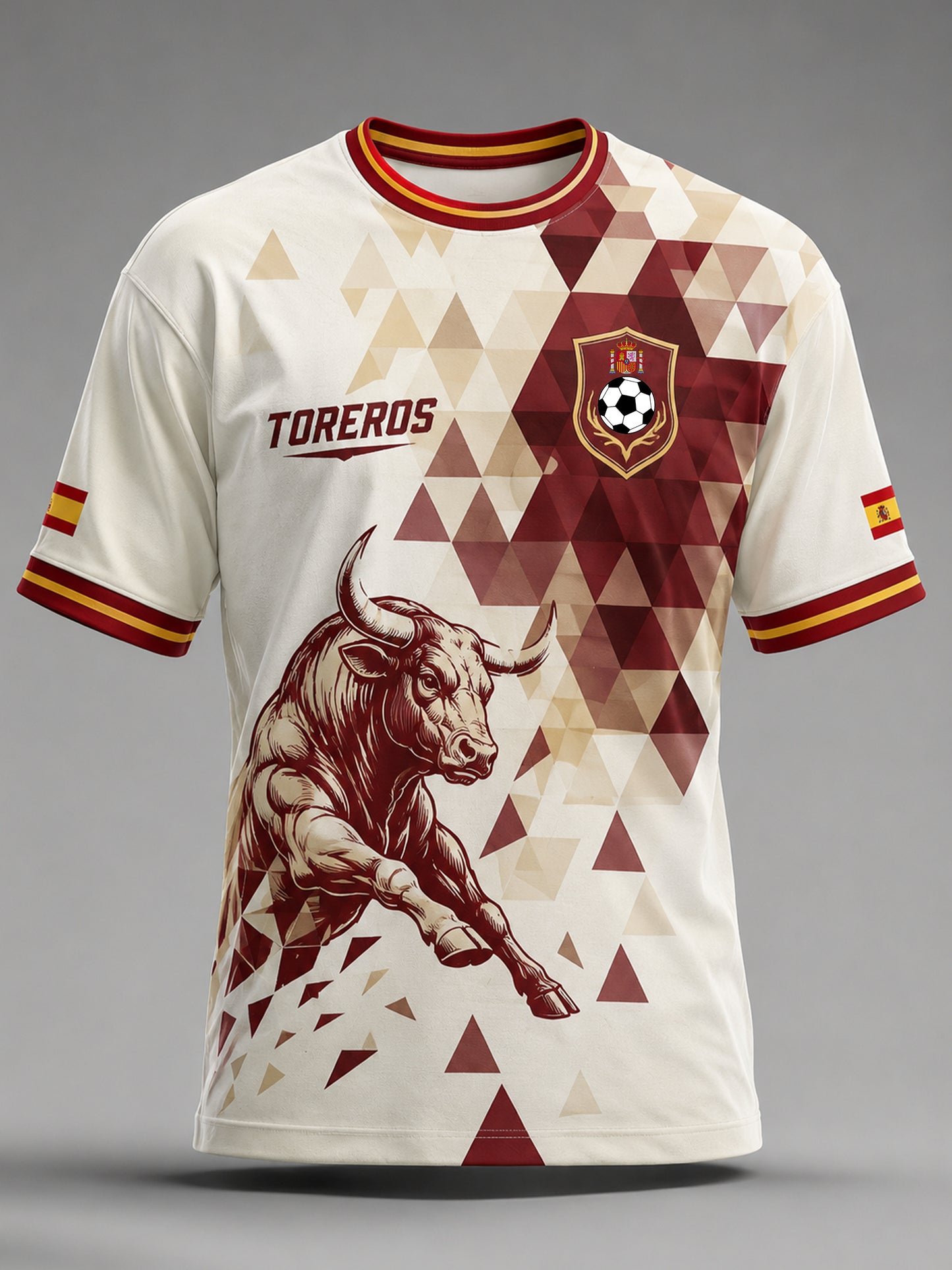 Camiseta con estampado artístico de elementos de animación en un partido de fútbol masculino español