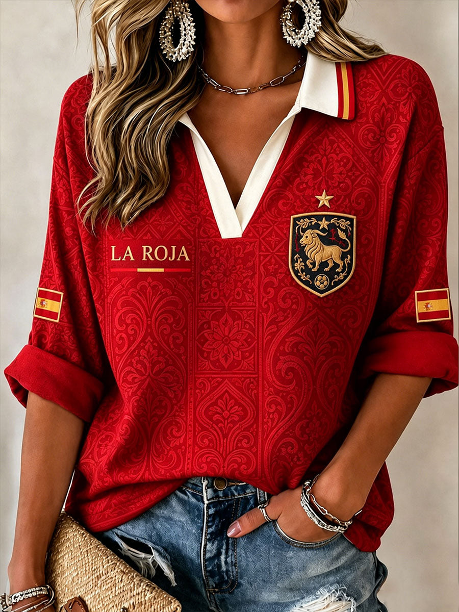 Camiseta de fútbol para mujer de España, manga media y cuello en V