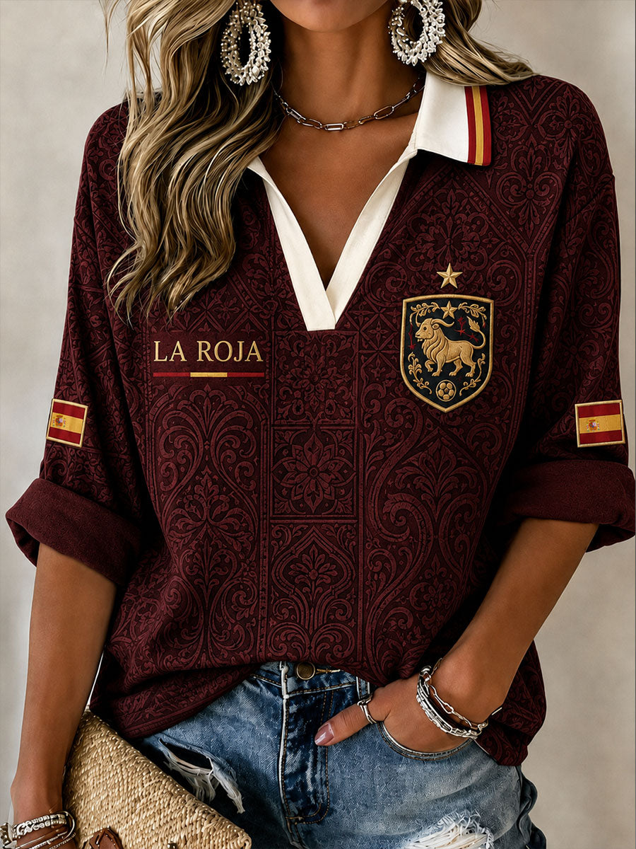 Camiseta de fútbol para mujer de España, manga media y cuello en V