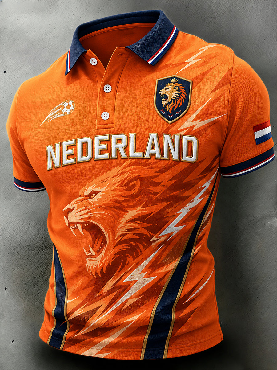 Camisa polo de hombre de manga corta con estampado de león y balón de fútbol