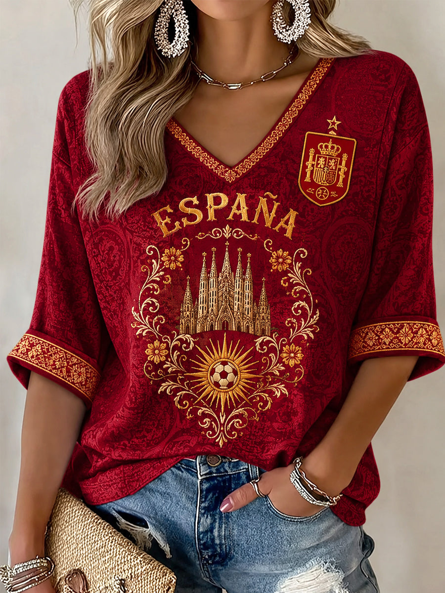 Regalo para mujeres aficionadas al fútbol: camiseta informal de media manga con cuello en V y estampado