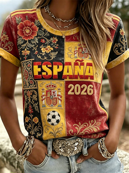 Camiseta de manga corta para mujer, colección España 2026, estampado floral étnico con bloques de color