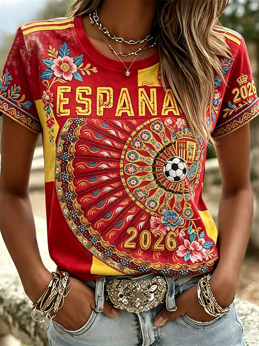 Camiseta de manga corta con estampado floral y bloques de color para aficionadas, estilo étnico, equipo de España 2026, para mujer