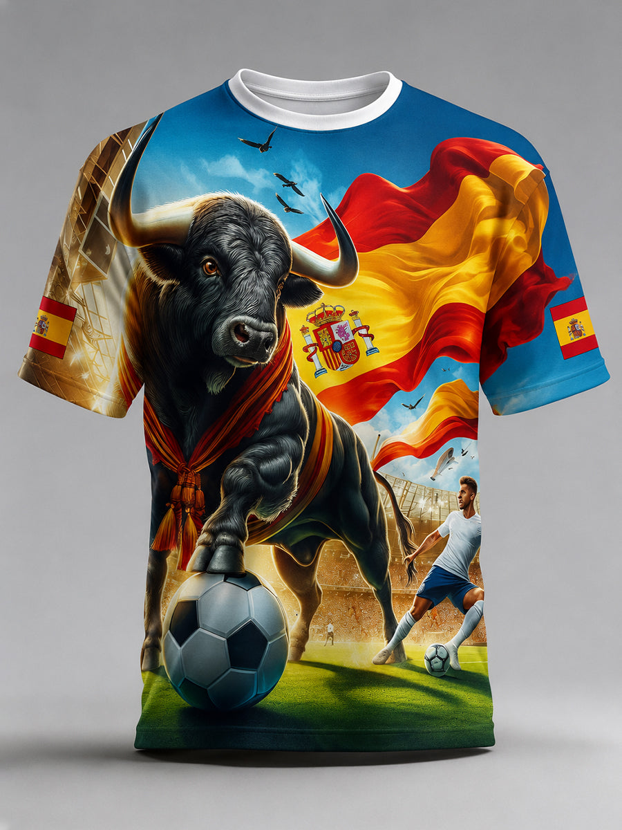 Camiseta con estampado artístico de elementos de animación en un partido de fútbol masculino español