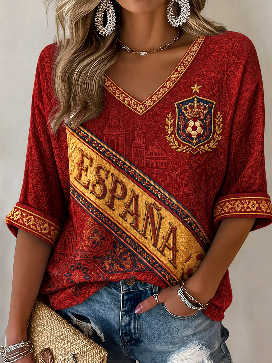 Regalo para mujeres aficionadas al fútbol: camiseta informal de media manga con cuello en V y estampado