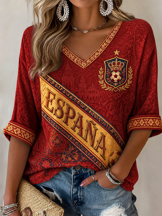 Regalo para mujeres aficionadas al fútbol: camiseta informal de media manga con cuello en V y estampado