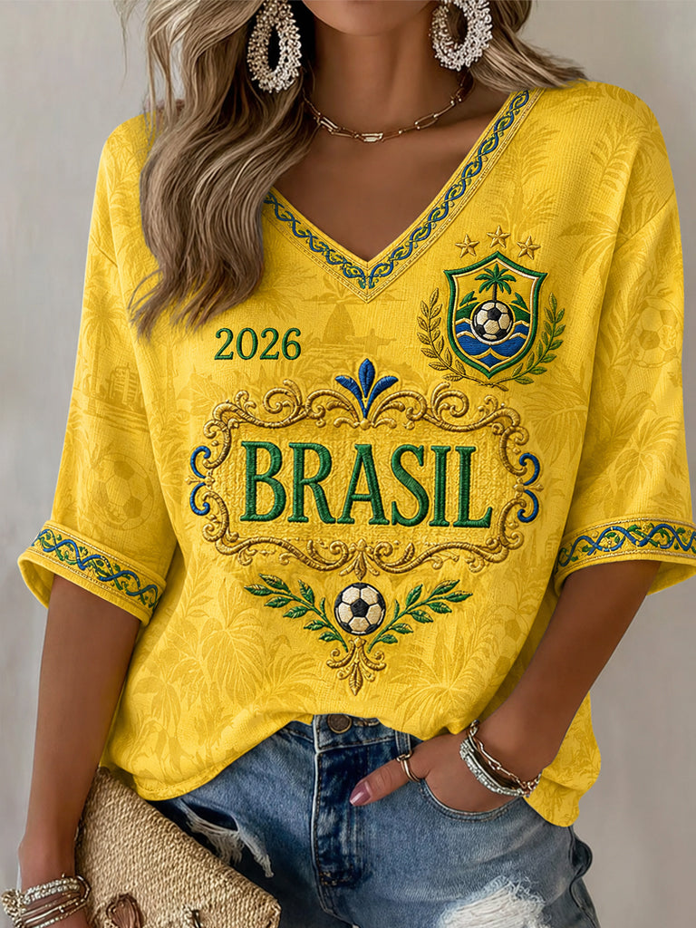 Regalo para mujeres aficionadas al fútbol: camiseta informal de media manga con cuello en V y estampado