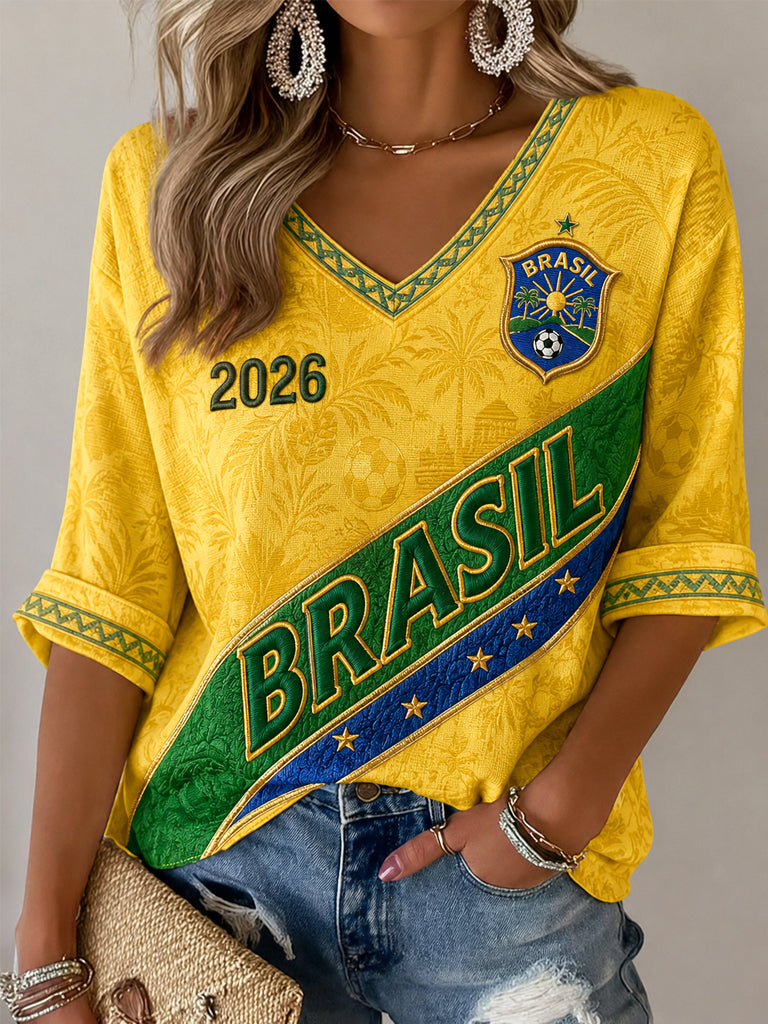 Regalo para mujeres aficionadas al fútbol: camiseta informal de media manga con cuello en V y estampado